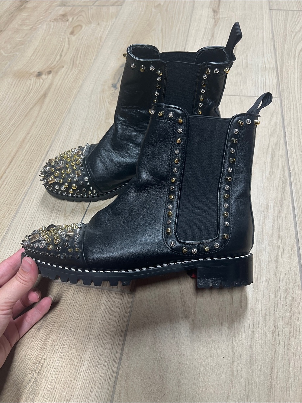 Christian Louboutin Black Leather Studded Moto Chelsea Boots - Picture 2 of 7